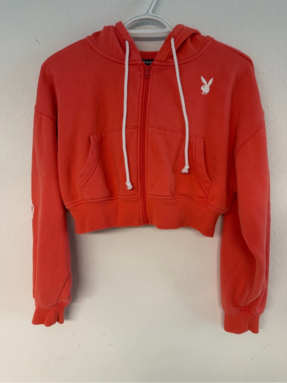 PLAYBOY x Pacsun Coral Red Cropped Zip Hoodie with Bunny Logo